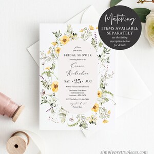 May include: A floral bridal shower invitation with yellow flowers and green leaves. The invitation reads "Please join us for a Bridal Shower honoring bride-to-be Carrie Richardson SAT 25 AUG At four o'clock in the afternoon The Lemon Tree Bistro 123 Smith Street Anytown MN 45678 RSVP to Sally 123-456-7890 registered at Pottery Barn".