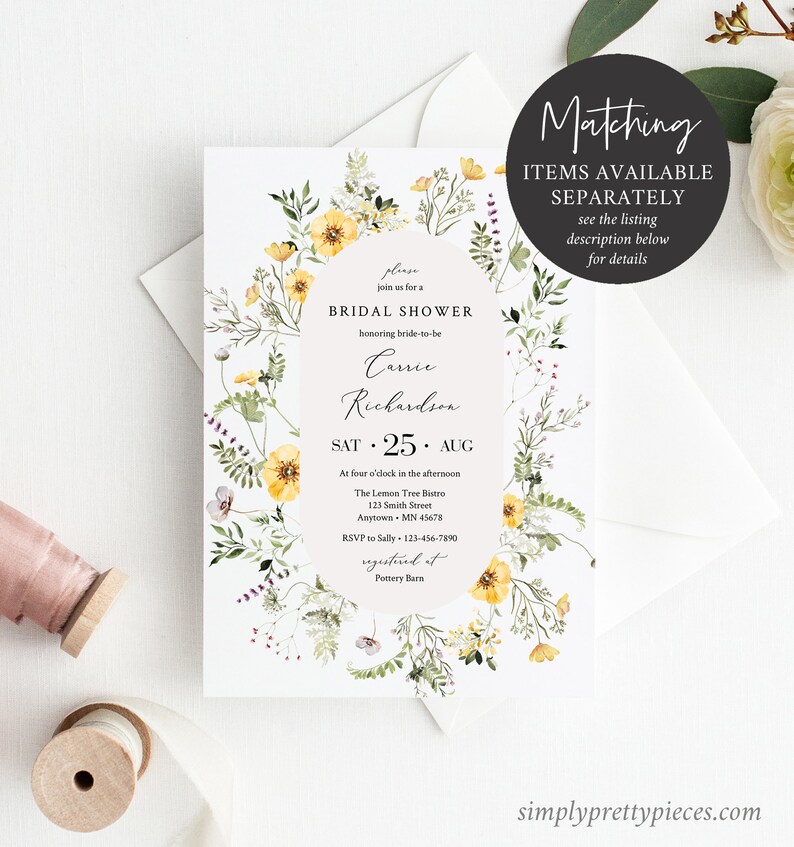 May include: A floral bridal shower invitation with yellow flowers and green leaves. The invitation reads "Please join us for a Bridal Shower honoring bride-to-be Carrie Richardson SAT 25 AUG At four o'clock in the afternoon The Lemon Tree Bistro 123 Smith Street Anytown MN 45678 RSVP to Sally 123-456-7890 registered at Pottery Barn".