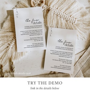 May include: Two white cards with black text, each with the title "the finer details". The cards provide details for a wedding reception, including the location, date, and contact information for the Summer Valley Hotel. The cards are 5 x 8.5 inches.