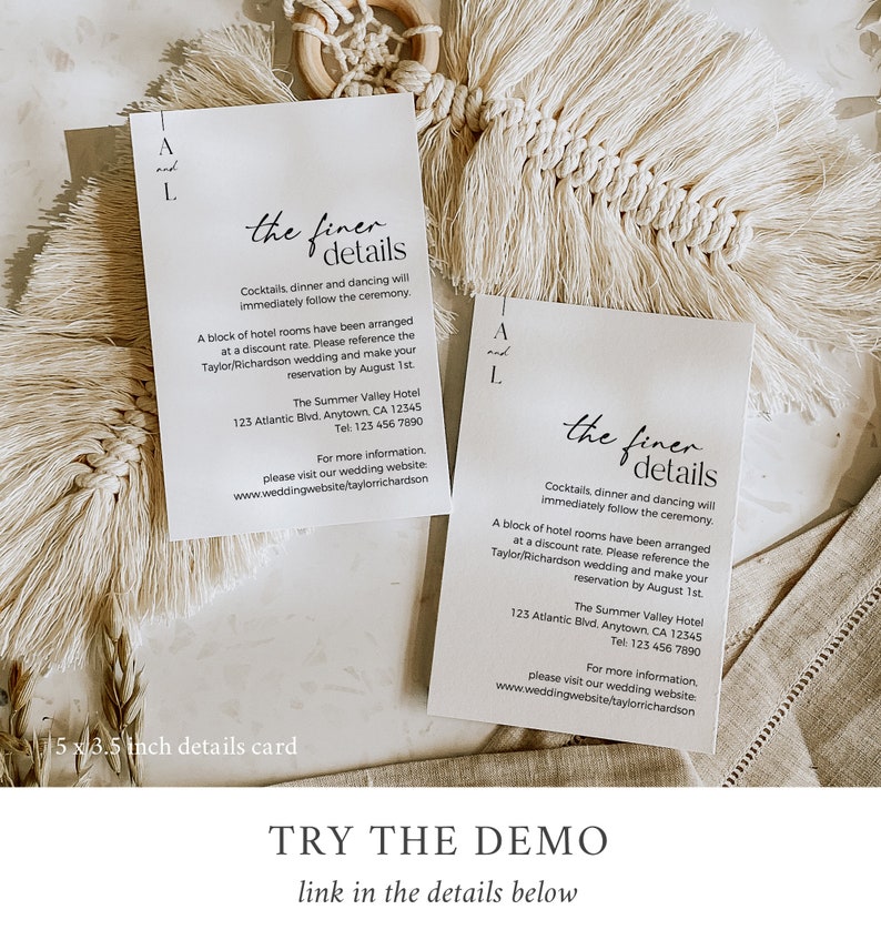 May include: Two white cards with black text, each with the title "the finer details". The cards provide details for a wedding reception, including the location, date, and contact information for the Summer Valley Hotel. The cards are 5 x 8.5 inches.