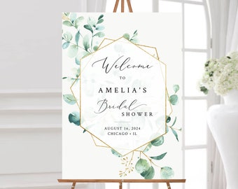 Printable Eucalyptus Gold Geometric Bridal Shower Welcome Sign, Botanical Shower Sign, Greenery Sign, 3 Sizes Template Inst Download 533-A