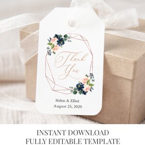Navy Blush Rose Gold geometrische bewerkbare Tags, afdrukbare Marine roze bloemen gunst Tags, Gift Tag sjabloon, Instant Download, Templett, 529-A afbeelding 2