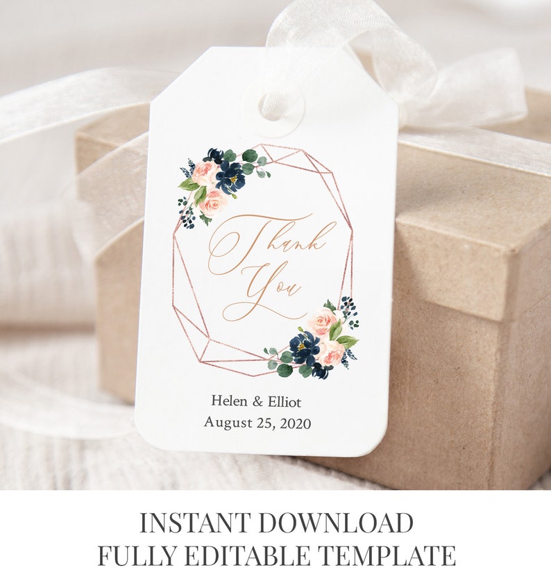Navy Blush Rose Gold geometrische bewerkbare Tags, afdrukbare Marine roze bloemen gunst Tags, Gift Tag sjabloon, Instant Download, Templett, 529-A afbeelding 2