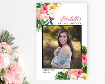 Editable Tropical Floral Photo Prop, Pink Hibiscus Wedding Bridal Shower Photo Frame, Photo Booth 24 x 36 A1 Template Instant Download 508-A