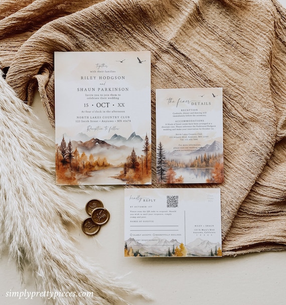 Woodland Wedding Invitation Set QR Code RSVP, Fall Wedding Invitation Suite, Mountains Wedding Invitation Template, Rustic, Editable, 599-A