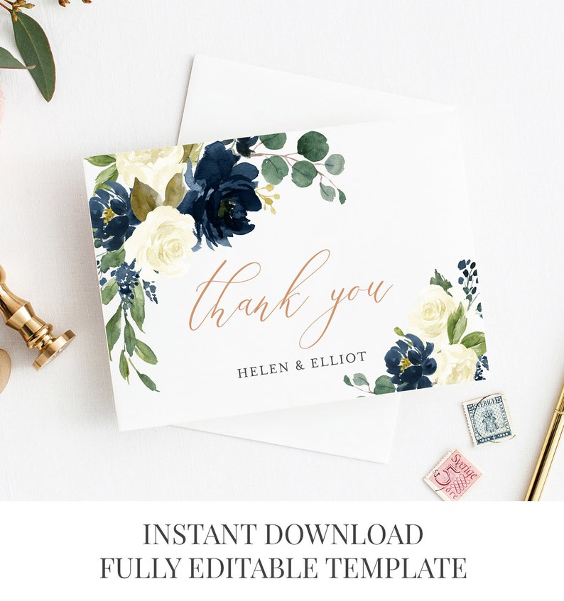 Navy Ivory Rose Gold Printable Thank You Cards Editable Navy Etsy