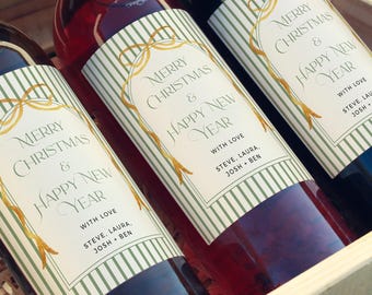 Vintage Holiday Drink Gift Label, Green Striped Christmas Wine Bottle Label Template, Editable, 226-B