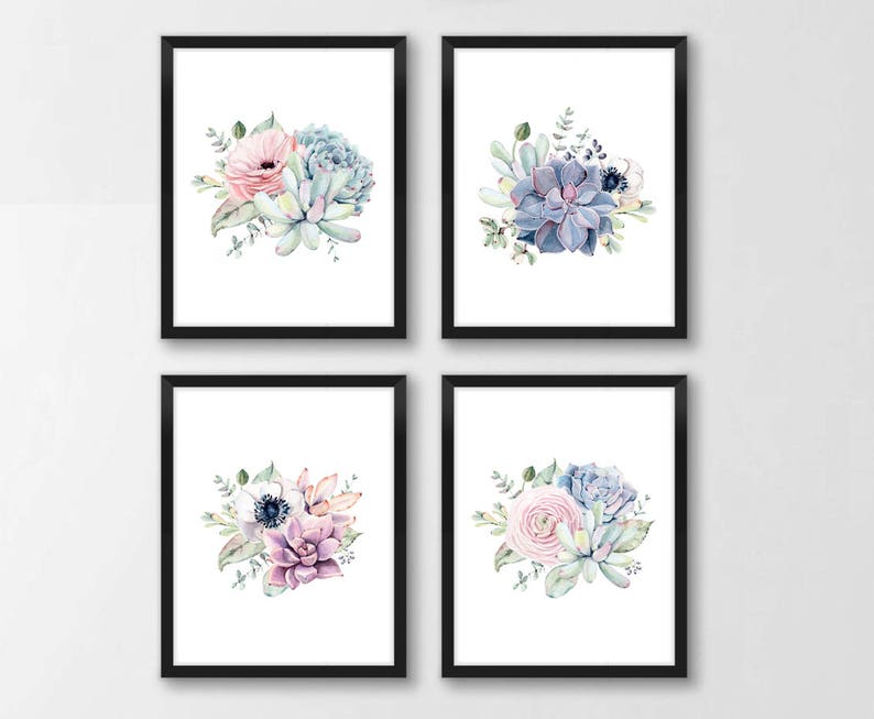 Printable Succulent Wall Art, Watercolor Succulent Home Decor, Botanical Wall Art, Plant Art Gift, Modern Scandi, Set of 4, Instant Download image 1