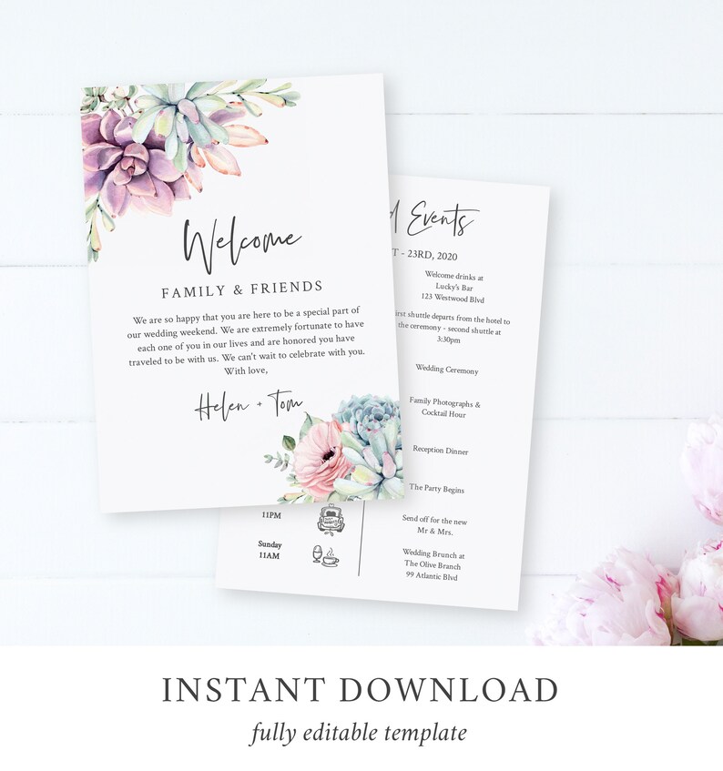 Succulent Editable Welcome Bag Letter Itinerary, Cactus Wedding Timeline, Printable Order of Events Template, Desert, Instant Download 535-A image 2