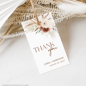 Boho Modern Editable Favor Tags, Printable Pampas Grass Favor Tags, Terracotta Wedding Gift Tag, DIY Tag Template, Instant Download, 590-A