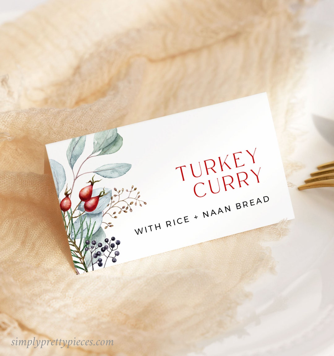 Editable Christmas Buffet Label, Printable Winter Foliage Place Cards ...