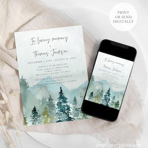 May include: A printable or digital memorial card with a watercolor illustration of a mountain range and pine trees. The card reads "In loving memory of Thomas Jackson" and includes details for a memorial service and reception.