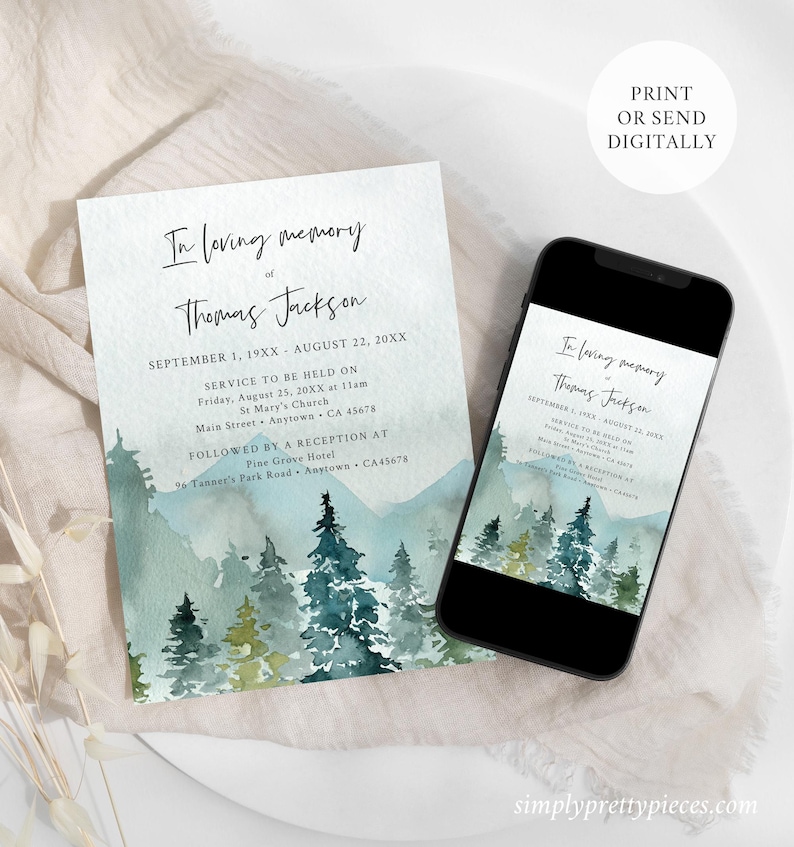 May include: A printable or digital memorial card with a watercolor illustration of a mountain range and pine trees. The card reads "In loving memory of Thomas Jackson" and includes details for a memorial service and reception.