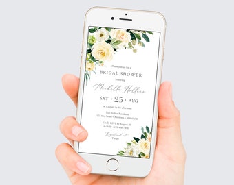 Editable Yellow Floral Bridal Shower Digital Invitation, Yellow White Greenery Invite Template Text Message Social Media Inst Download 558-A
