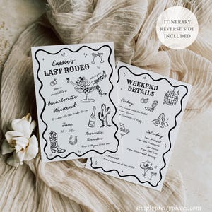 Pu&ograve; includere: Un invito stampabile in bianco e nero per un addio al nubilato a tema western. L'invito dice "Cassie's Last Rodeo" e include i dettagli sul fine settimana, tra cui la data, la posizione e le attivit&agrave;. L'invito include anche una variet&agrave; di illustrazioni a tema western, come un cactus, un ferro di cavallo e uno stivale da cowboy.