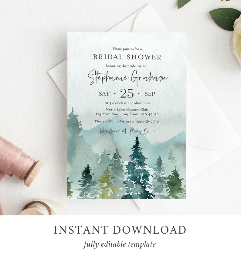 Woodland Mountains Editable Bridal Shower Invitation Rustic Etsy