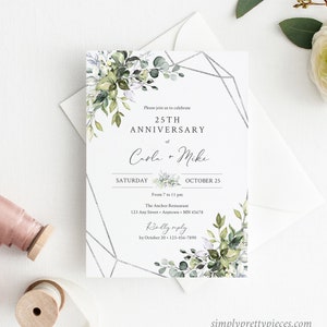 Greenery Silver Geometric Editable Anniversary Party Invitation, Foliage 25th 30th 40th 50th Anniversary DIY Template Instant Download 568-A