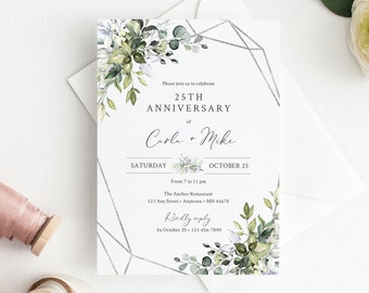 Editable Silver Geometric Greenery Anniversary Party Invitation, Foliage 25th 30th 40th 50th Anniversary DIY Template Instant Download 568-A