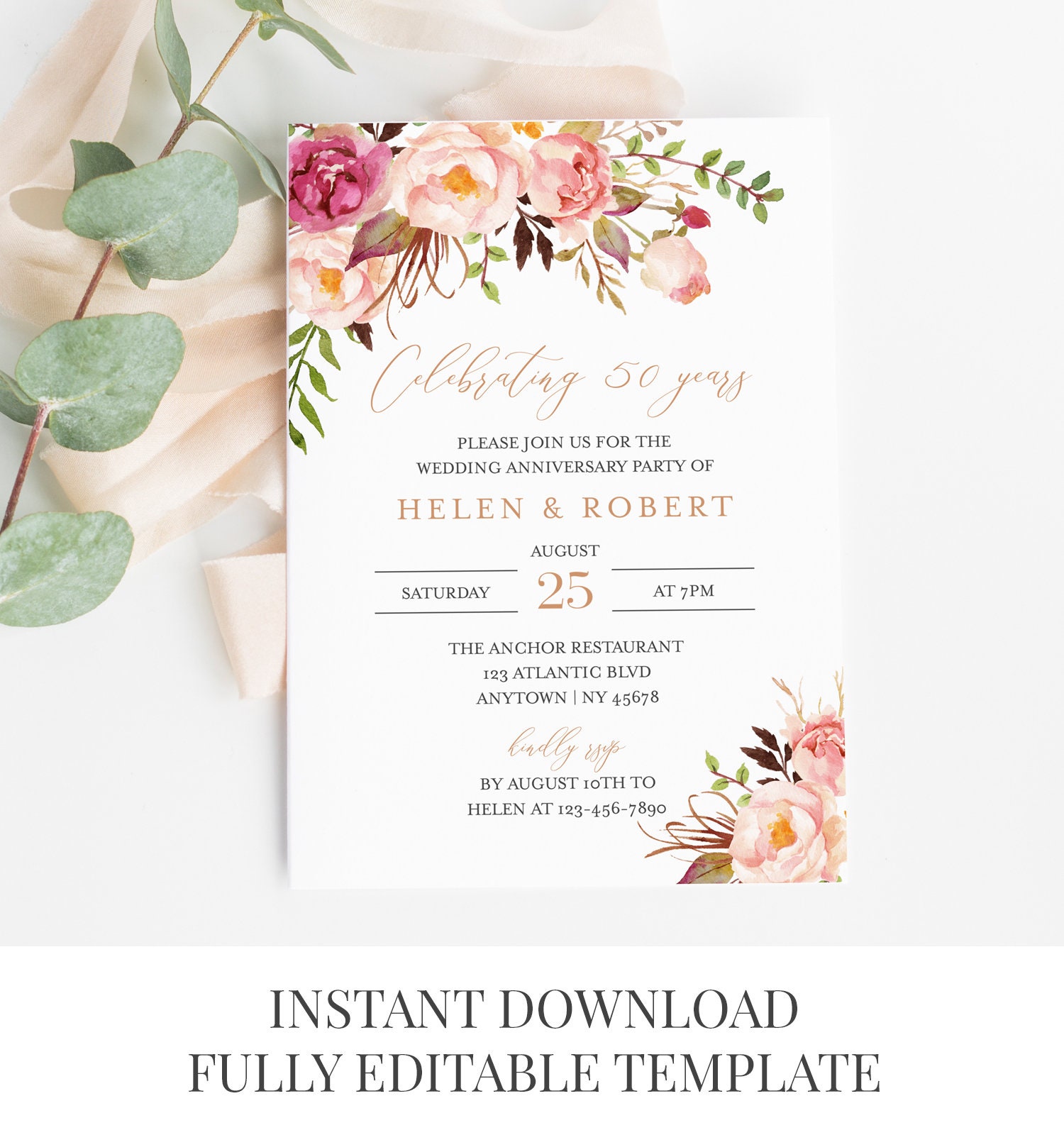 Pink Rose Gold Floral Editable Anniversary Party Invitation Boho 25th 30th 40th 50th Anniversary Invite DIY Template Instant Download 516 A Etsy