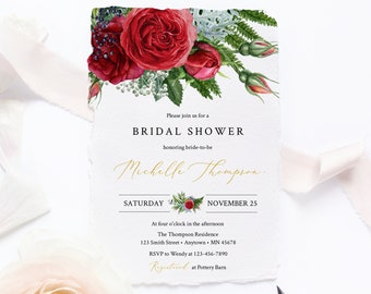 Red Rose Floral Editable Bridal Shower Invitation, Fern Winter Shower Invite DIY Template, Printable, Gold Greenery, Instant Download, 541-A