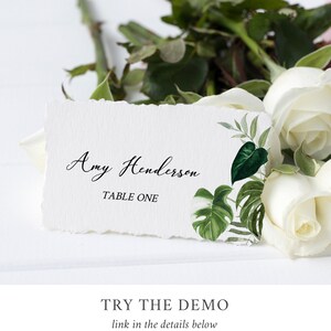 Monstera Place Cards Tropical Greenery Name Card, Monstera Wedding Name Card, Palms Seating Card Printable Name Card Editable Template 550-A image 3