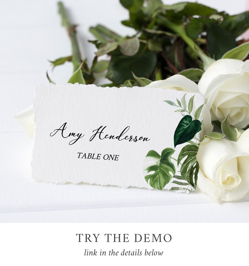 Monstera Place Cards Tropical Greenery Name Card, Monstera Wedding Name Card, Palms Seating Card Printable Name Card Editable Template 550-A image 3