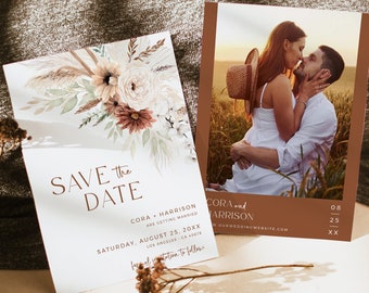 Editable Boho Photo Save the Date, Printable Modern Pampas Grass Save our Date DIY Template, Terracotta Photo Card, Instant Download 590-A