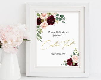 Burgundy Blush Editable Custom Wedding Sign, Pink Floral Unlimited Signs, Printable Wedding Shower Decor, Template, Instant Download, 574-A