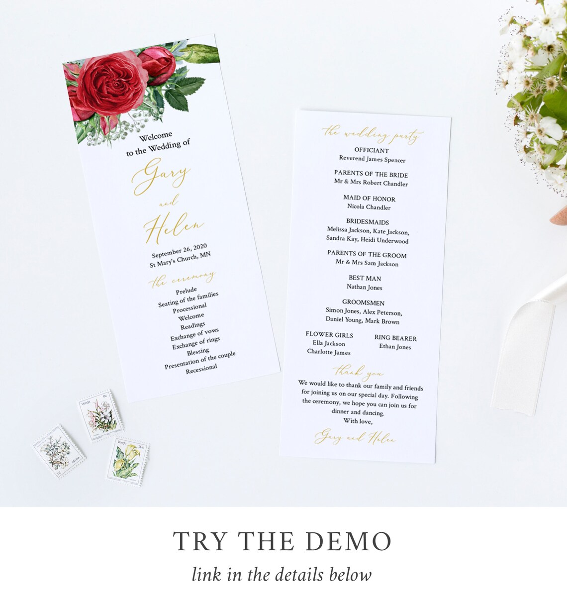 Red Rose Floral Editable Program Red Gold Greenery Wedding - Etsy