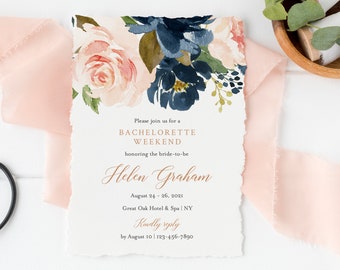 Rose Gold Editable Bachelorette Party Invitation, Navy Blush Itinerary, Bachelorette Weekend Printable DIY Template, Instant Download 542-A