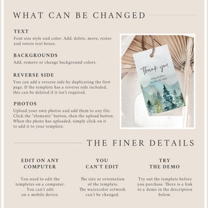 May include: A digital template for a thank you tag with a watercolor illustration of a forest scene. The text on the tag reads "Thank you Helen & Elon October 16, 2021".