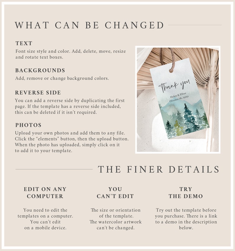 May include: A digital template for a thank you tag with a watercolor illustration of a forest scene. The text on the tag reads "Thank you Helen & Elon October 16, 2021".