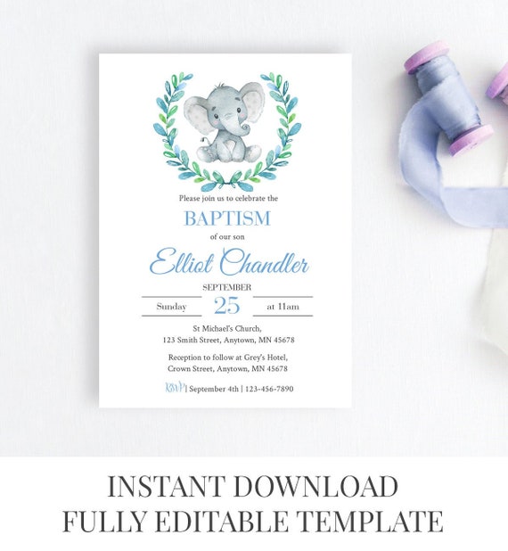 blue elephant baptism editable invite printable invitation template boy blue christening invitation naming day instant download 305 b printable invitation template