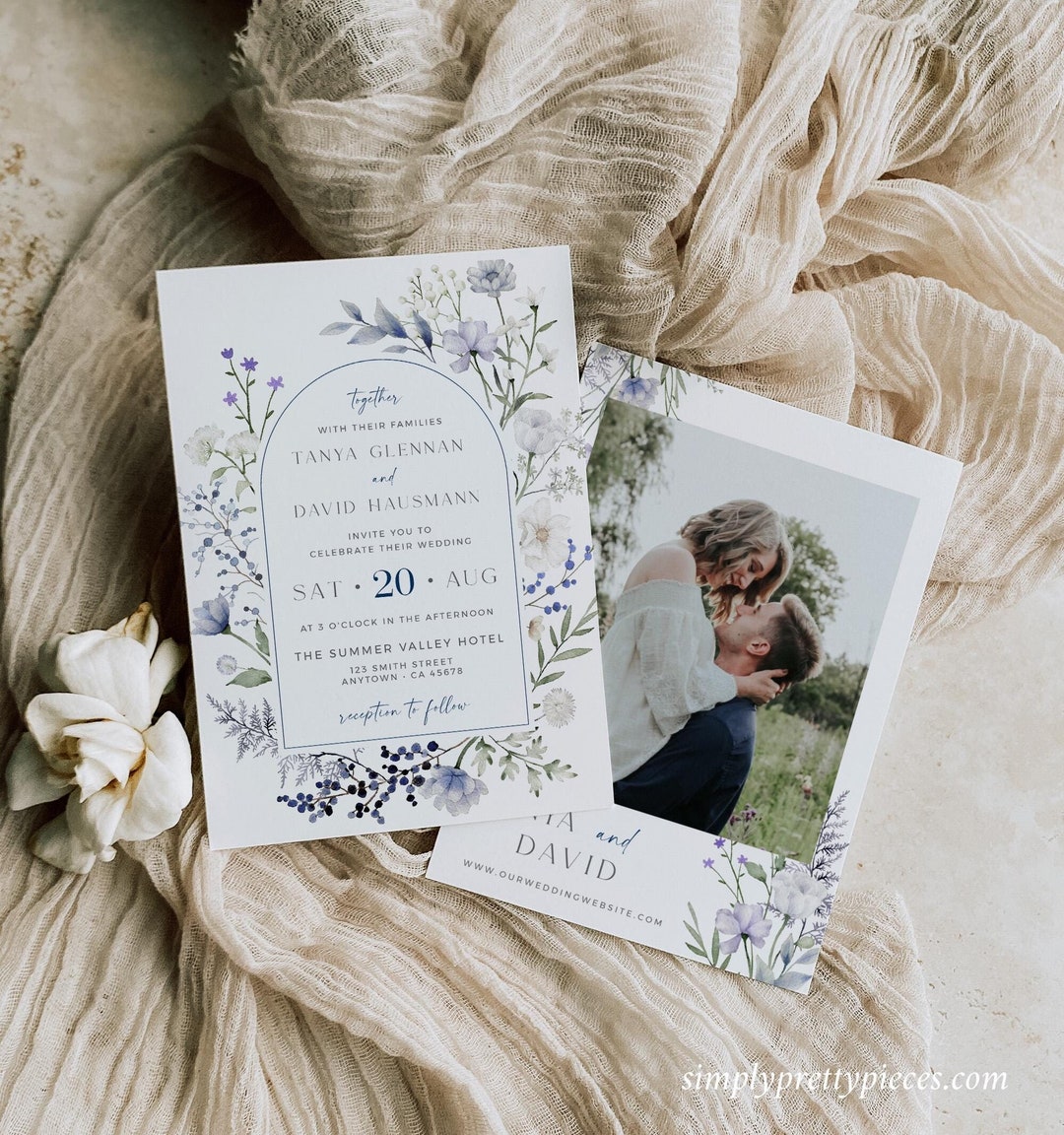 Dusty Blue Floral Wedding Invitation Wildflower Wedding Invitation