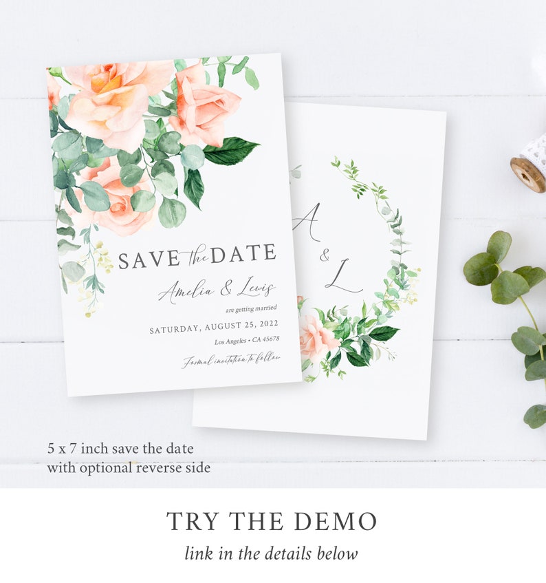 Peach Greenery Printable Save our Date DIY Template Eucalyptus Date Card Instant Download 551-A Peach Floral Editable Save the Date Roses