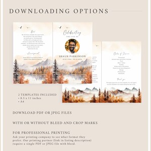 May include: Two printable templates for a funeral program or memorial service. The templates feature a watercolor illustration of a misty forest with mountains in the background. The text "Celebrating the Life of" is at the top of the template. The text "Order of Service" is at the top of the second template. The templates are available in 8.5 x 11 inches and A4 sizes.