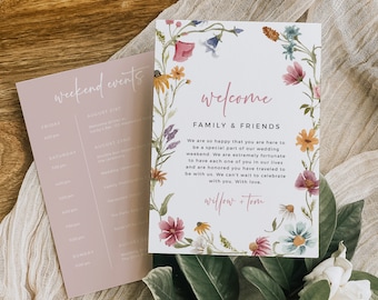 Wedding Timeline Wildflower Wedding Weekend Itinerary, Wildflower Welcome Bag Letter, Meadow Flower Order of Events Editable Template, 595-A