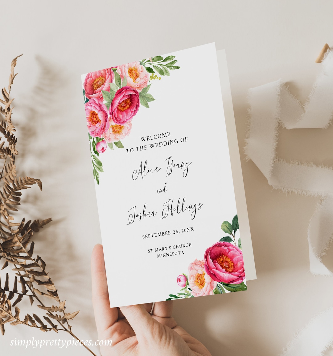 Fuchsia Booklet Program, Foldable Peony Wedding Program, Bright Floral ...