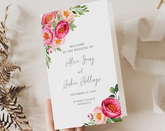 Foldable Peony Wedding Program, Fuchsia Booklet Program, Bright Floral Program, Order of Service, Printable Wedding Program Template, 571-A