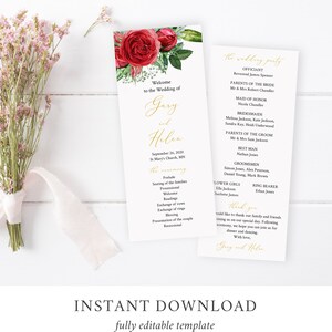 Red Rose Floral Editable Program, Red Gold Greenery Wedding Program ...