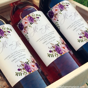 Etiqueta de botella de vino floral púrpura, etiqueta de botella de vino de tamaño completo imprimible con flores, plantilla de pegatina de botella de vino de boda, editable, 530-A