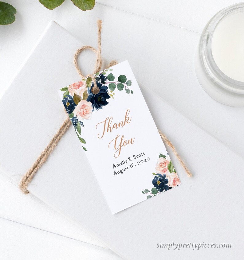 Navy Blush Rose Gold Editable Tags Printable Floral Favor image 1