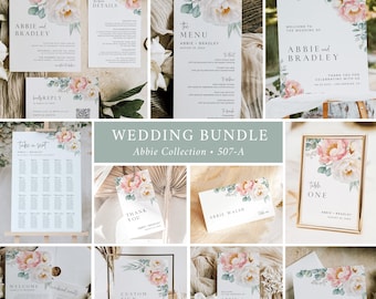 Peonies Wedding Set, Garden Wedding Invitation Set, Peony Wedding Bundle, Peony Wedding Kit, Wedding Stationery Set, Editable Template 507-A
