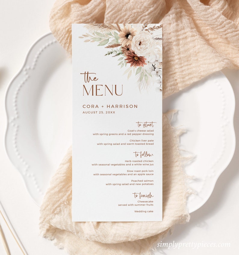 Boho Editable Menu, Pampas Grass Modern Table Wedding Menu, Printable ...