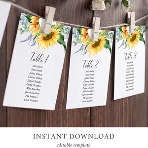 K&ouml;nnte beinhalten: Drei druckbare Tischkarten mit Sonnenblumen- und Gr&uuml;npflanzenmotiven. Die Karten sind mit "Tisch 1", "Tisch 2" und "Tisch 3" beschriftet und listen die Namen f&uuml;r jeden Tisch auf.