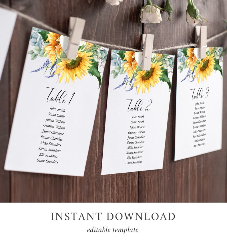 K&ouml;nnte beinhalten: Drei druckbare Tischkarten mit Sonnenblumen- und Gr&uuml;npflanzenmotiven. Die Karten sind mit "Tisch 1", "Tisch 2" und "Tisch 3" beschriftet und listen die Namen f&uuml;r jeden Tisch auf.