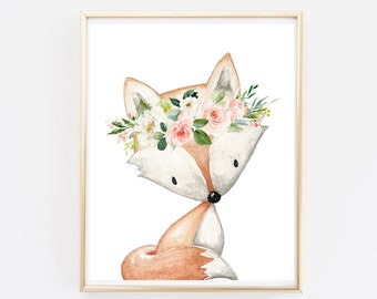 Blush Boho Fox Printable Wall Art, Floral Fox Nursery Art Print, Woodland Animals Nursery Girls Room Art, Girl Decor, Instant Download 614-A