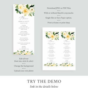 May include: A printable wedding menu template featuring a floral design with yellow and white flowers. The menu includes the names Emma and Scott, the date August 25, 2021, and a list of starter, main course, and dessert options.