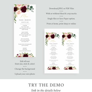 May include: Wedding menu card with floral decorations in burgundy, blush, and green. The menu displays the names "Paige + Marcus" and the date "August 25, 2023". Available in JPEG or PDF formats, with options for bleed and crop marks.
