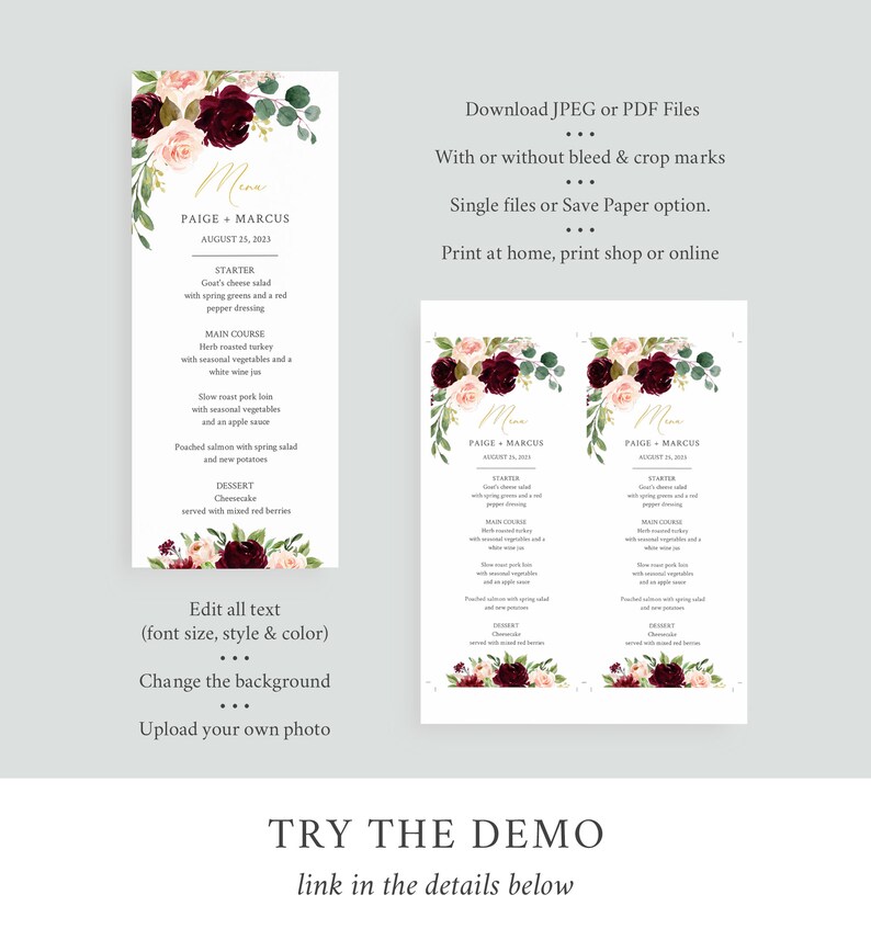 May include: Wedding menu card with floral decorations in burgundy, blush, and green. The menu displays the names "Paige + Marcus" and the date "August 25, 2023". Available in JPEG or PDF formats, with options for bleed and crop marks.